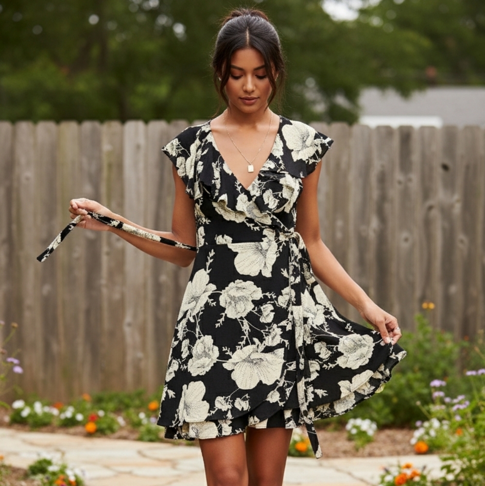 Sz Small- Free People French Quarter Wrap Mini Dress - Black Floral